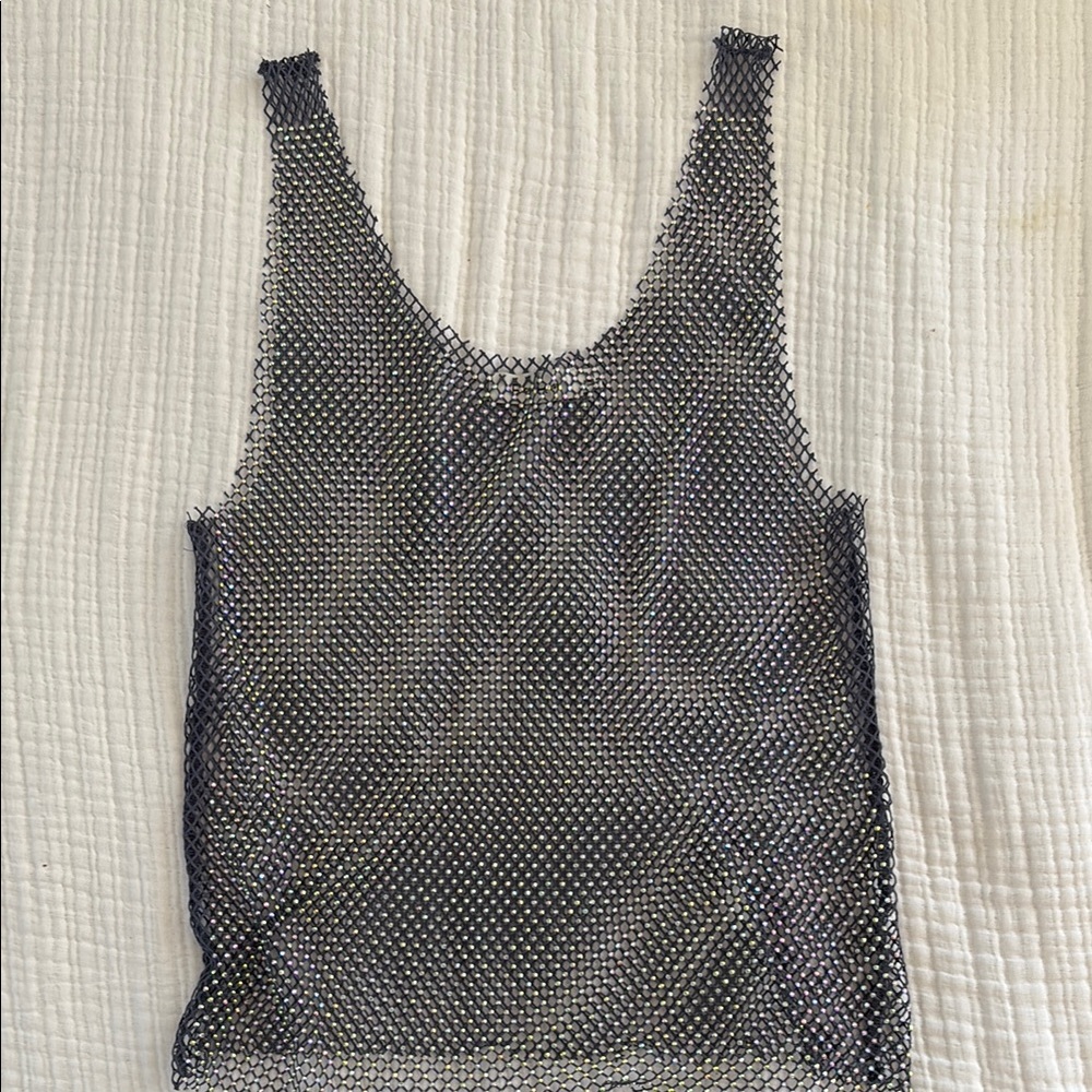 Y2K Fishnet Tank Top Rhinestones Sparkly Blue Festival Rave Going Out Medium